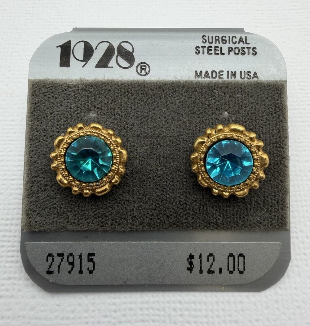 Vtg 1928 Earrings Surgical Steel Posts Gold Tone Aqua Teal Pierced